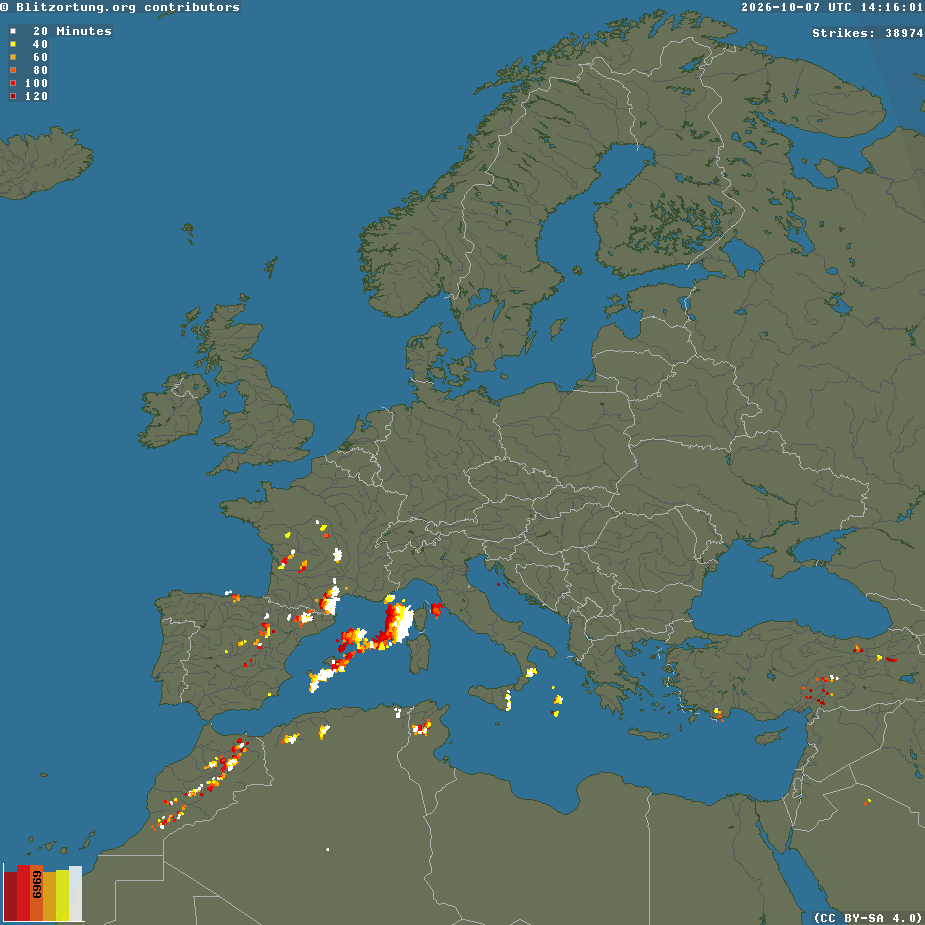 Actueel Blitzortung bliksembeeld voor Europa