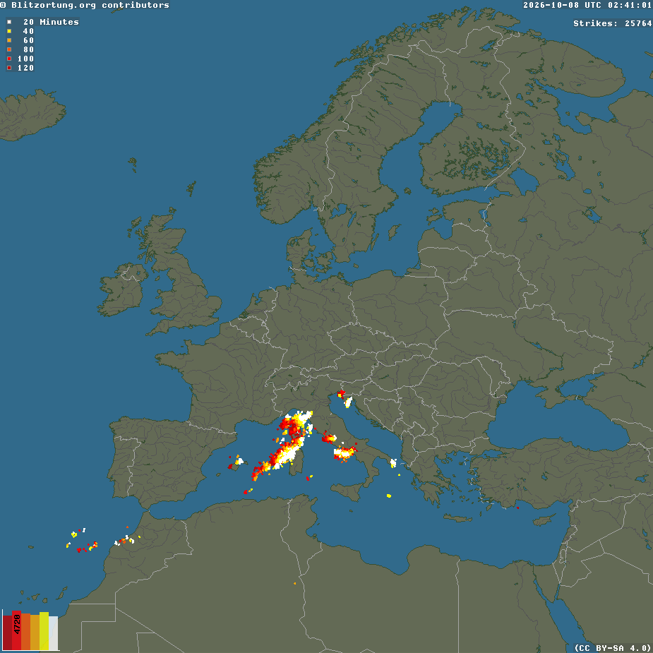 Actueel Blitzortung bliksembeeld voor Europa