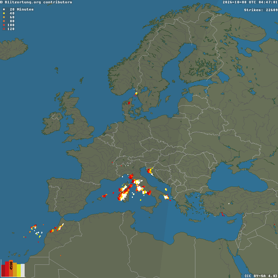 Actueel Blitzortung bliksembeeld voor Europa