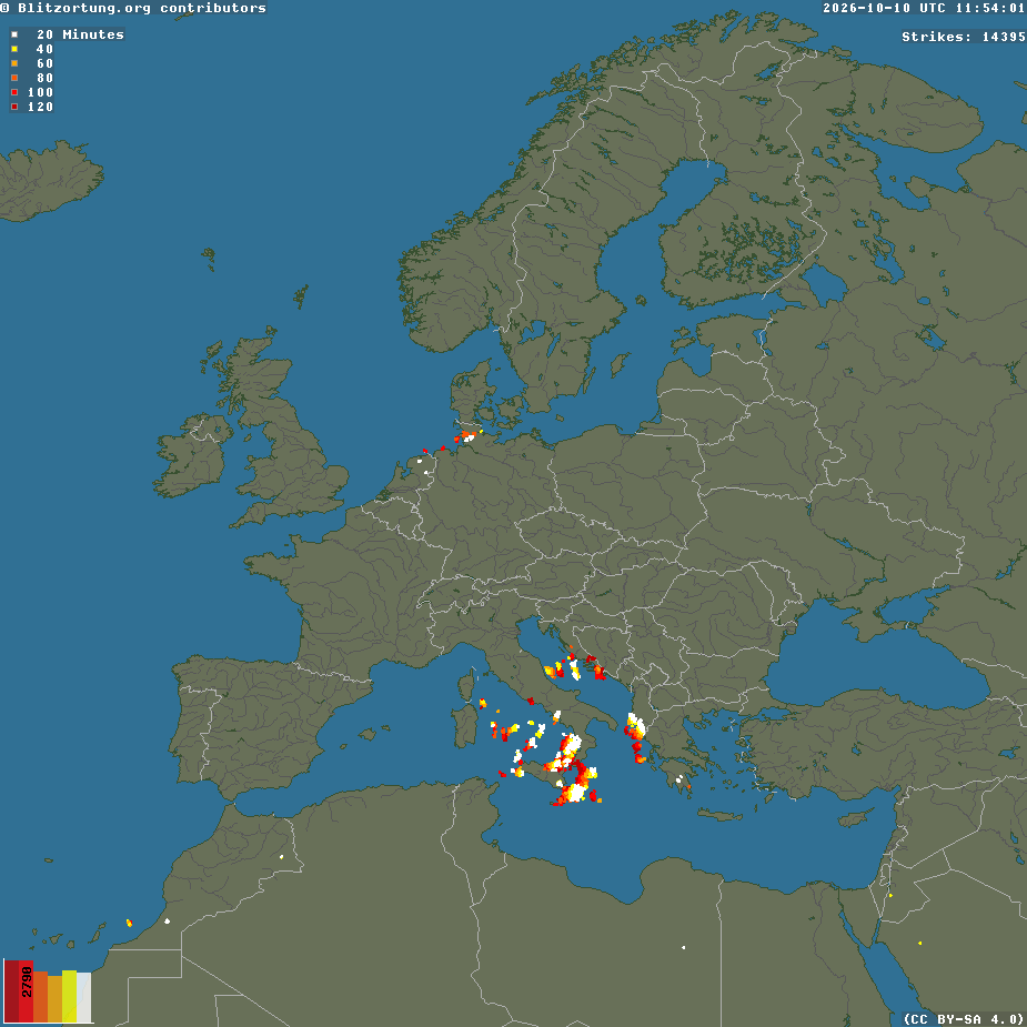 Actueel Blitzortung bliksembeeld voor Europa