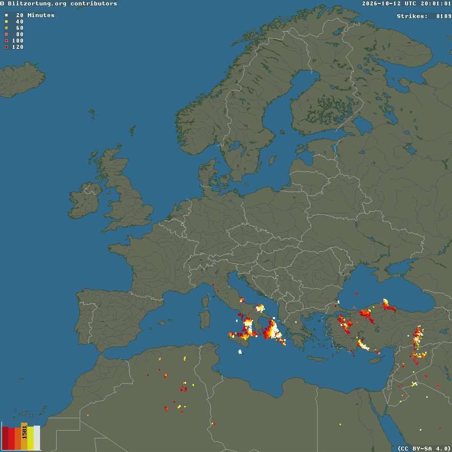 Actueel Blitzortung bliksembeeld voor Europa